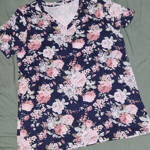 Michelle Mae Navy Floral Print V-Neck Tee